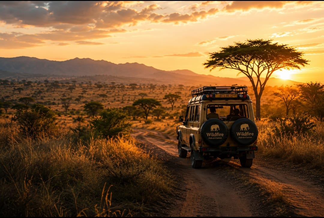Safari jeep at sunset in Masai Mara